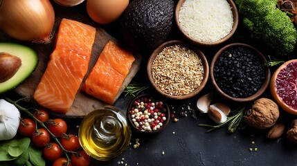 A well-balanced diet food background, featuring a variety of nutrient-rich ingredients designed to promote overall health and well-being.