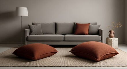 Fototapeta premium Cozy Neo-Minimalist Living Room: A tranquil sanctuary featuring a grey sofa, burnt orange floor cushions, and a simple floor lamp, creating a relaxed and inviting atmosphere perfect for socializing