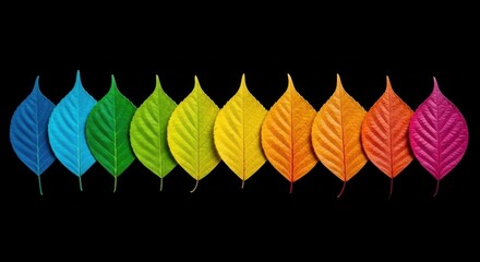 A row of colorful leaves arranged in a rainbow spectrum