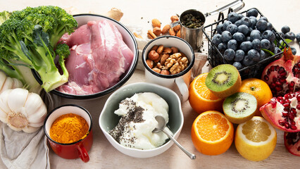 Healthy food to boost immunity. Healthy food, diet and healthy life concept.