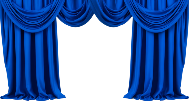Elegant blue velvet stage curtains draped open isolated on transparent background