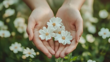 Hands holding white flowers with soft focus, gentle romantic nature photography with feminine mood and natural aesthetics