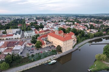 Fototapeta premium Podebrady historical city and Castle at Labe river,Chateau Podebrady (Zamek Podebrady) Czech Republic, scenic aerial landscape panorama view