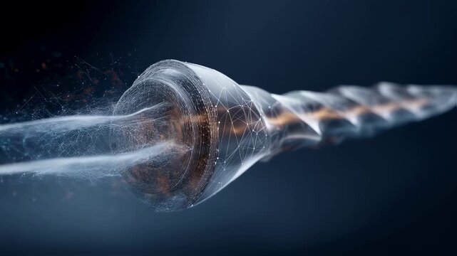 Futuristic drill bit rotating and creating a dynamic network of digital connections, representing cutting edge innovation in construction and engineering fields
