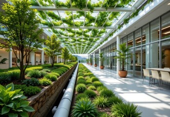 Obraz premium green corporate space with underground cooling tubes, bio sourced building material, and green ceiling mesh