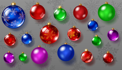 Set of glossy and matte Christmas ornaments in various colors, smooth and decorated with intricate patterns. The balls have soft shadows and are set against a grey background with snowflakes.
