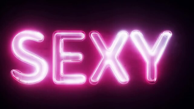 Sexy glowing pink neon text on dark background with shiny letters and sensual vibrant light for modern design