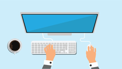 Business Man Working Behind Desktop Computer Top View. Work and company CEO management, technology and computers vector art