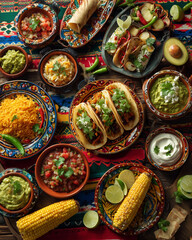 Stół zastawiony meksykańskimi daniami – tacos, nachos, guacamole, salsa i inne kolorowe potrawy idealne na spotkanie, imprezę lub rodzinny obiad.

