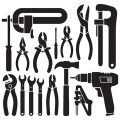 Obraz premium Collection of black silhouette icons representing various hand tools and a power drill on a white background