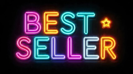 Colorful glowing best seller neon sign with vibrant letters and star symbol on black background for promotion - Powered by Adobe