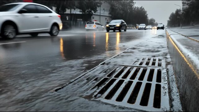 Yellow car driving through heavy rain on a wet street, with puddles forming and water splashing, capturing a dynamic urban atmosphere

