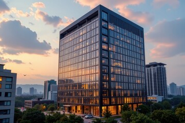 tech forward office tower featuring invisible firewall architecture, quantum safe encryption layers, and drone surveillance