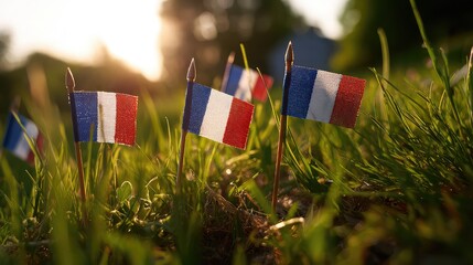 Small french flags planted in green grass at sunset