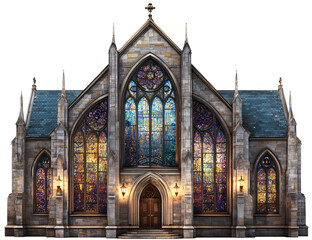 Fototapeta premium Old church with colorful stained glass windows transparent background