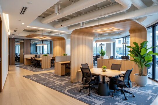 contemporary co working design with movable acoustic walls, iot controlled lighting, and modular team pods