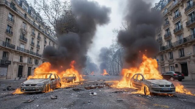 Burning cars on city street with heavy smoke and flames after violent protest or urban riot destruction