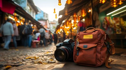 Camera and bag on a vibrant cobblestone street in a busy market setting.