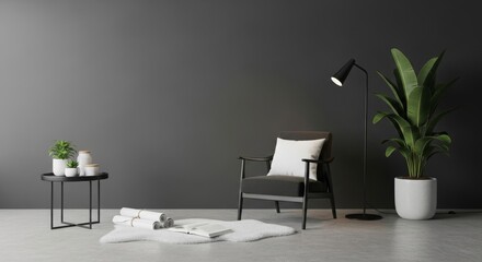 Modern minimalist living room featuring a stylish chair, plants, and decorative elements in a serene setting