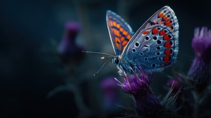 Fototapeta premium Butterfly rests atop a thistle flower with a softly blurred, moody background
