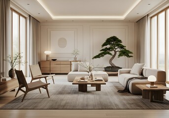 Fototapeta premium Japandi Style Minimalist Living Room Interior Without Human