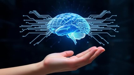Human hand holding a digital brain with glowing circuits, representing artificial intelligence - Powered by Adobe