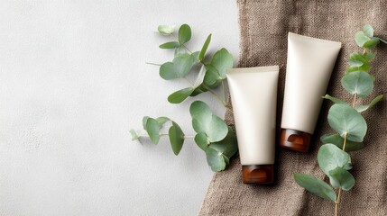 Cosmetic bottles with eucalyptus flowers towels and linen on pastel background top view flat lay natural organic skincare and spa concept perfect for beauty product branding body care wellness design