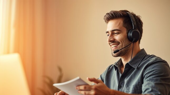 Happy male freelancer talking on headset and taking notes while working remotely from home