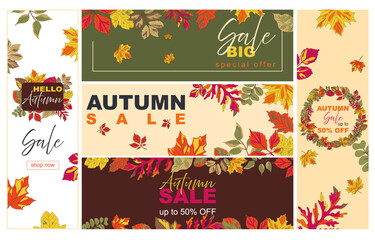 Vibrant autumn sale banners showcasing colorful leaves and discounts on seasonal products