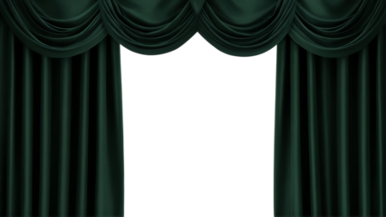 Elegant dark green theatre curtains draped open revealing a black void isolated on transparent background