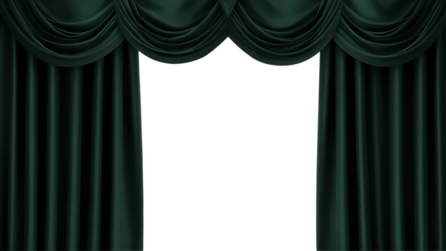 Elegant dark green theatre curtains draped open revealing a black void isolated on transparent background