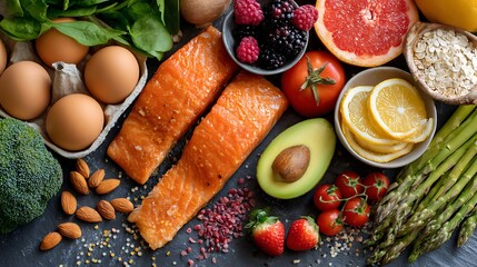 A well-balanced diet food background, featuring a variety of nutrient-rich ingredients designed to promote overall health and well-being.