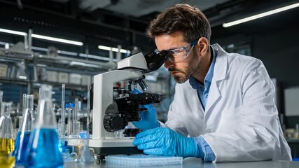 Focused male scientist using microscope in laboratory with colorful chemical flasks and modern equipment - Powered by Adobe
