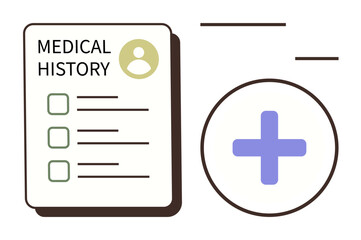 Fototapeta premium Medical history form with checklist, patient profile icon, and purple healthcare cross. Ideal for healthcare, medical records, patient management, diagnosis, wellness, health technology simple flat