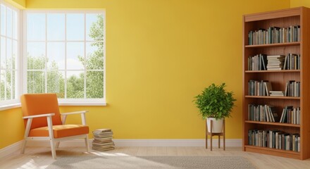 Fototapeta premium Cozy reading corner in a bright yellow room featuring a bookshelf, armchair, and natural light