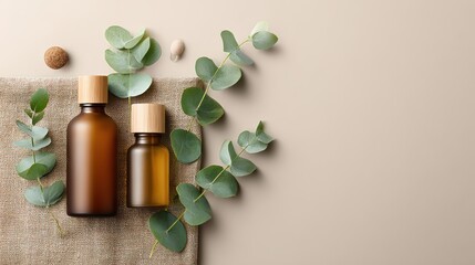 Cosmetic bottles with eucalyptus flowers towels and linen on pastel background top view flat lay natural organic skincare and spa concept perfect for beauty product branding body care wellness design