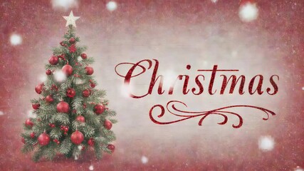 Decorated Christmas tree with red ornaments and elegant lettering on snowy red background with sparkles