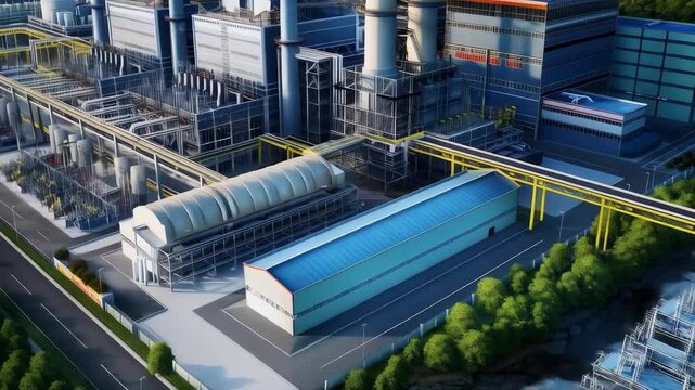 Industrial complex with pipes and buildings. Applicable for industrial reports, educational videos and technology advertising.
