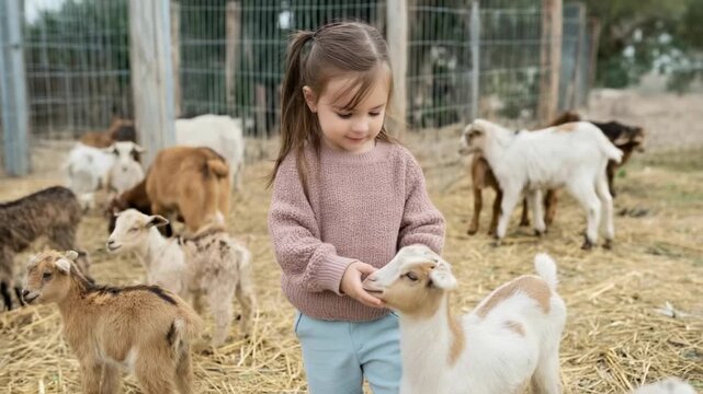 Smiling little girl in cozy sweater petting baby goat in barnyard surrounded by goats on straw-covered ground