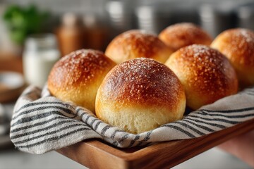 Freshly Baked Bread Rolls. Warm, golden dinner rolls served in a rustic wooden tray.