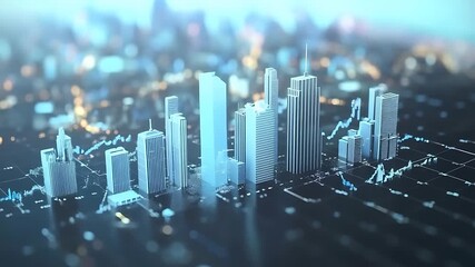 A futuristic city skyline with digital graphs overlaying the buildings, showcasing urban development - Powered by Adobe