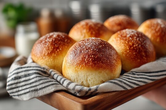 Freshly Baked Bread Rolls. Warm, golden dinner rolls served in a rustic wooden tray. - Powered by Adobe
