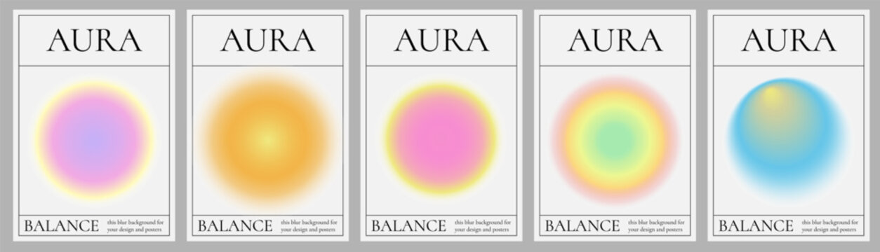 Set of posters with circles with blurred gradients. Vivid futuristic blurry circle banners. Neon aura radial round shape.