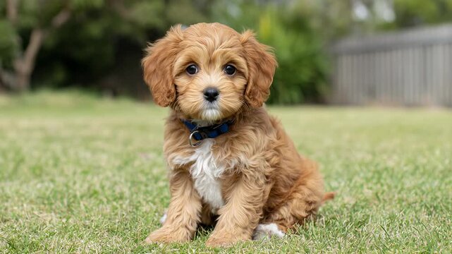 Adorable fluffy brown Cavoodle puppy sitting on green grass in backyard looking at camera with curiosity