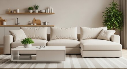 Fototapeta premium Modern living room featuring a cozy beige sectional sofa with a minimalist coffee table and plants