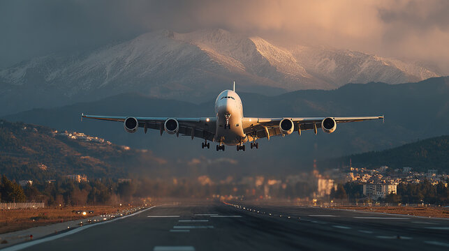 Airbus aircraft on tarmac runway during dusk, mountains forming dramatic backdrop