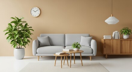 Modern living room featuring a gray sofa, decorative plants, and minimalist decor against a beige wall