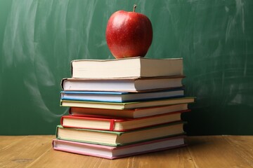 Different books and red apple on wooden table near blackboard
