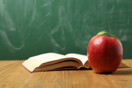 Red apple and open book on wooden table near blackboard, closeup