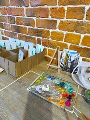  artist's workplace, palette, drying paintings, creative workshop, oil painting 